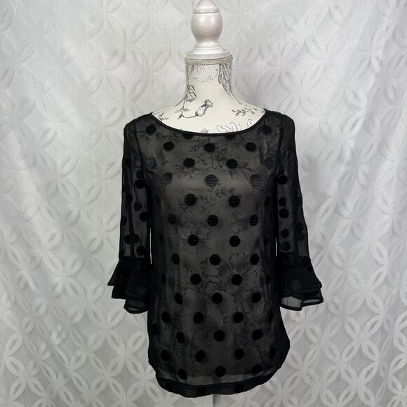 Kate Spade Silk Sheer Polka Dot Evi Flutter Sleeve Black Top Size 00 - Picture 1 of 12
